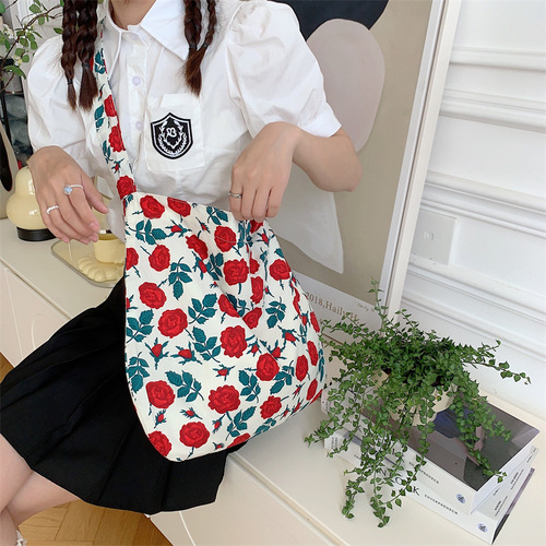 13165 Korean ins small fresh floral cotton bag student retro canvas shoulder bag fashionable women's crossbody bag