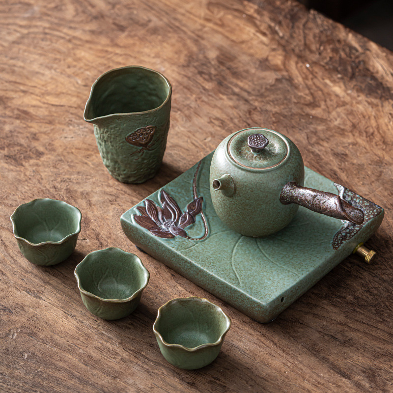 Creativo japonés Kung Fu té juego traje hogar cerámica té taza tetera gres simple viaje portátil una olla tres tazas