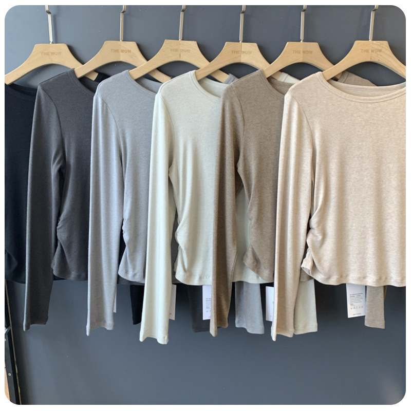 [Special Offer, No Returns or Exchanges] 14-Count Tencel Wool Skin-Friendly Breathable Round-Neck Long-Sleeve T-Shirt with Side Ruching