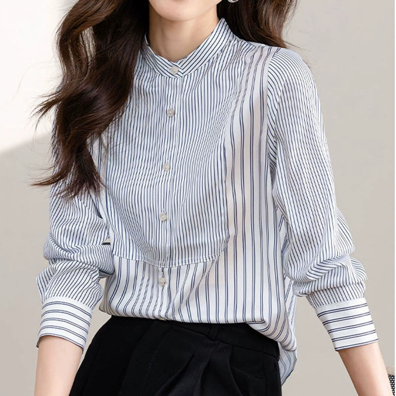 Рубашка в полоску с принтом на реальные фотографии 2024 весна и осень новый прилив воротник с длинными рукавами сшитая рубашка женская топ
