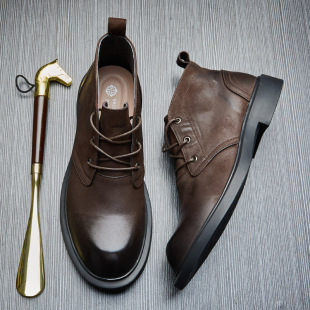 Genuine Leather Mid-strap Casual Martin Boots Men's Soft Bottom Round Toe British Style All-match Autumn and Winter Workwear Boots Short Leather Boots for Men