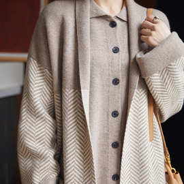 纯羊毛长款外套秋冬新款女士拼色长袖外穿毛衣宽松针织显瘦羊绒衫
