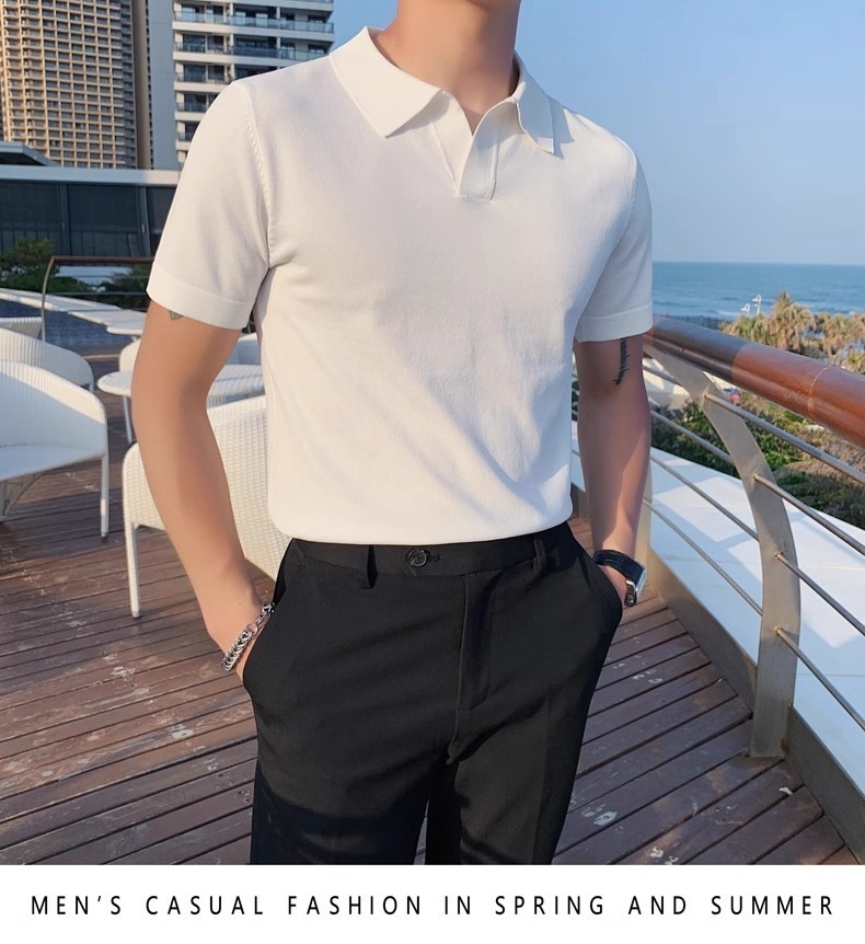 Men's Slim Fit Polo Shirt Silky Cotton Ice Silk Knitted Seagull Collar Short Sleeve Casual Workwear Trendy Sweatshirt_viptrois.com