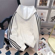 美式重磅加绒加厚宽松印花复古帽衫新款卫衣连帽三条外套上衣条纹
