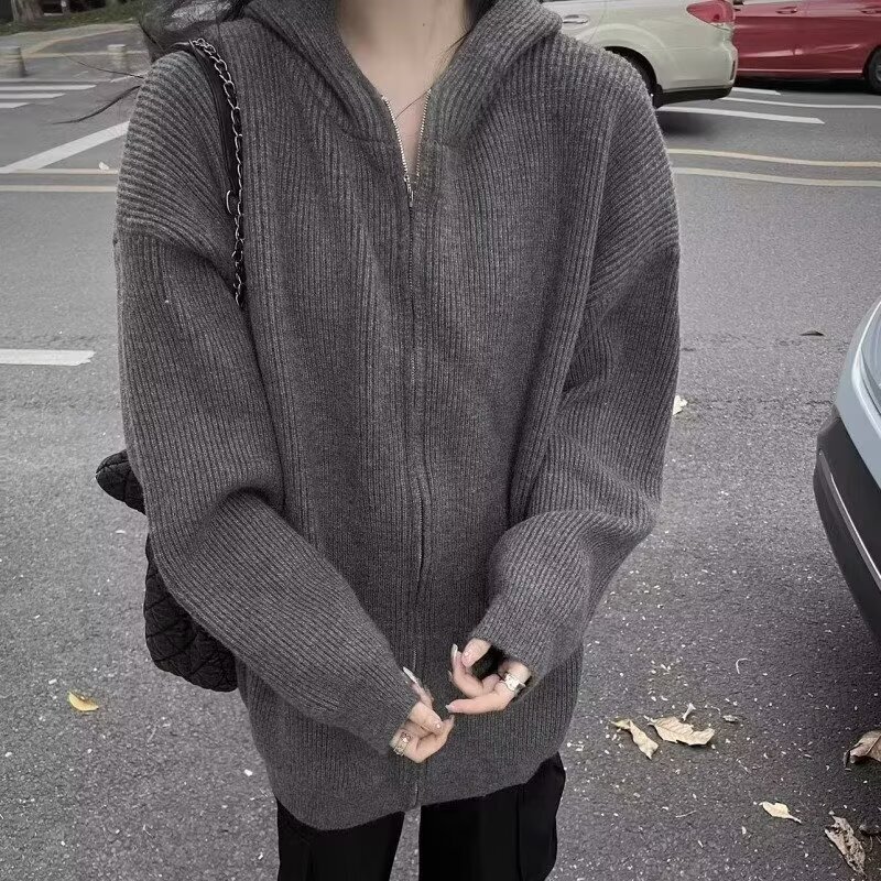 Gray hooded zip-up sweater for men, autumn and winter cleanfit casual American-style knitwear
