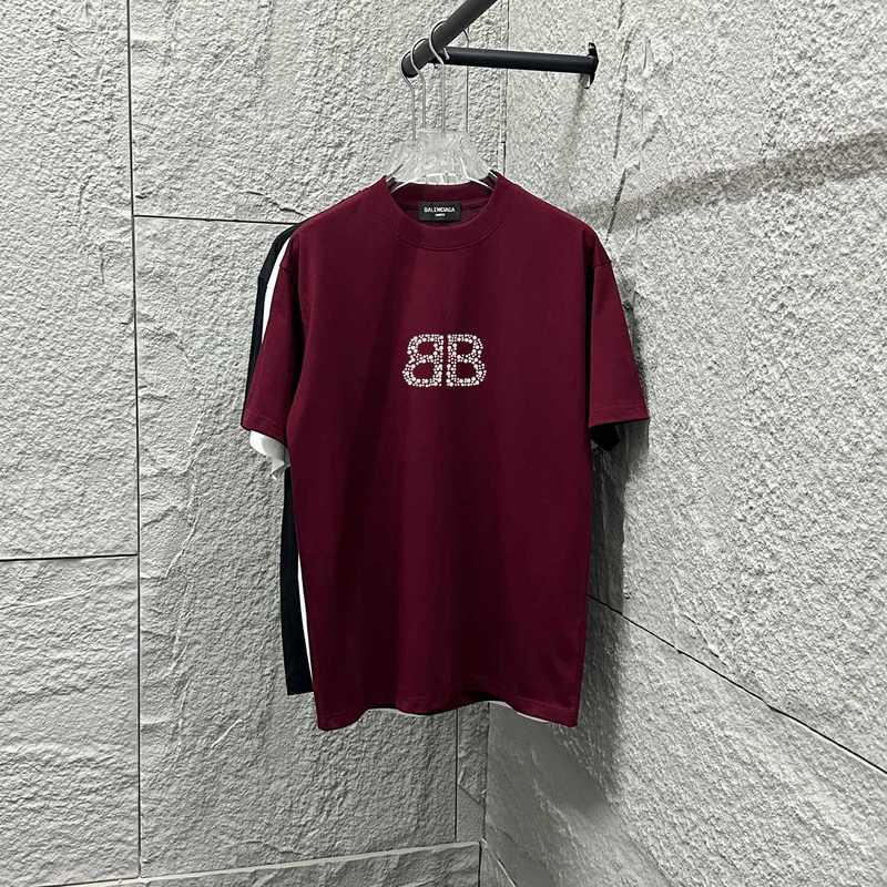 2025年クロスボーダー新作BajiaクラシックダブルB立体ホットダイヤモンドパールクラフトラウンドネック半袖Tシャツ男性と女性用|undefined