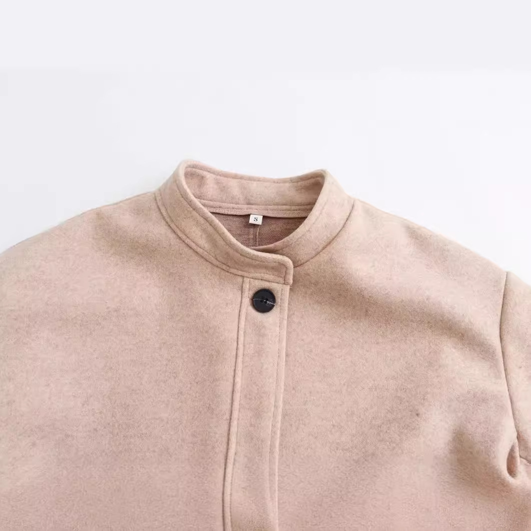 Damenbekleidung Rundhals Wollmantel Modejacke Langarm Dekorative Tasche Top_voghion.com