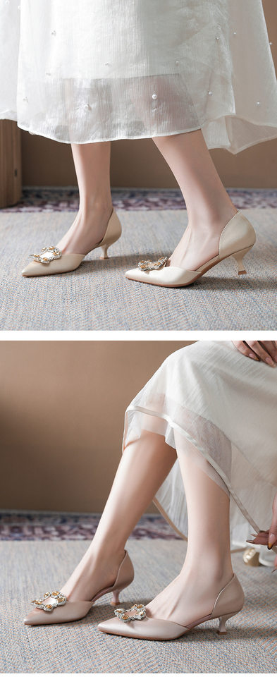 Giày cao gót nữ mũi nhọn gót 6–8 cm khoét hở gót, khóa trang trí đính đá, kiểu mới — Màu be, Màu hồng chi tiết 8