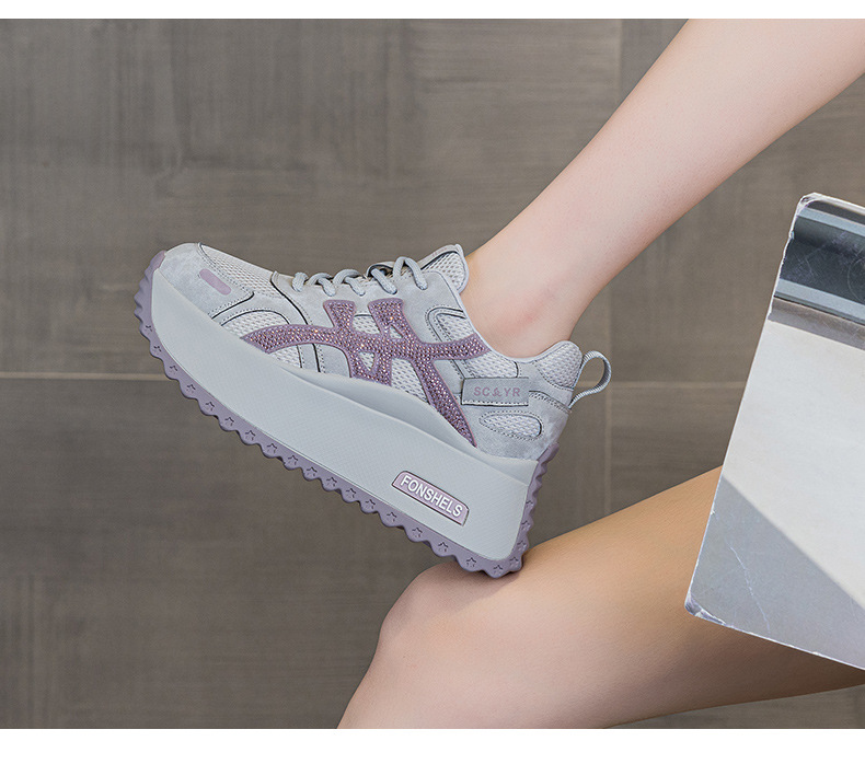 Giày sneaker nữ đế dày phong cách retro dành cho người dáng nhỏ, giày dad hot trend thu 2026, tăng chiều cao — M2933-1 màu xám đính kim cương, M2933 màu đen, M2933 màu nâu, M2933-1 màu đen đính kim cương chi tiết 22