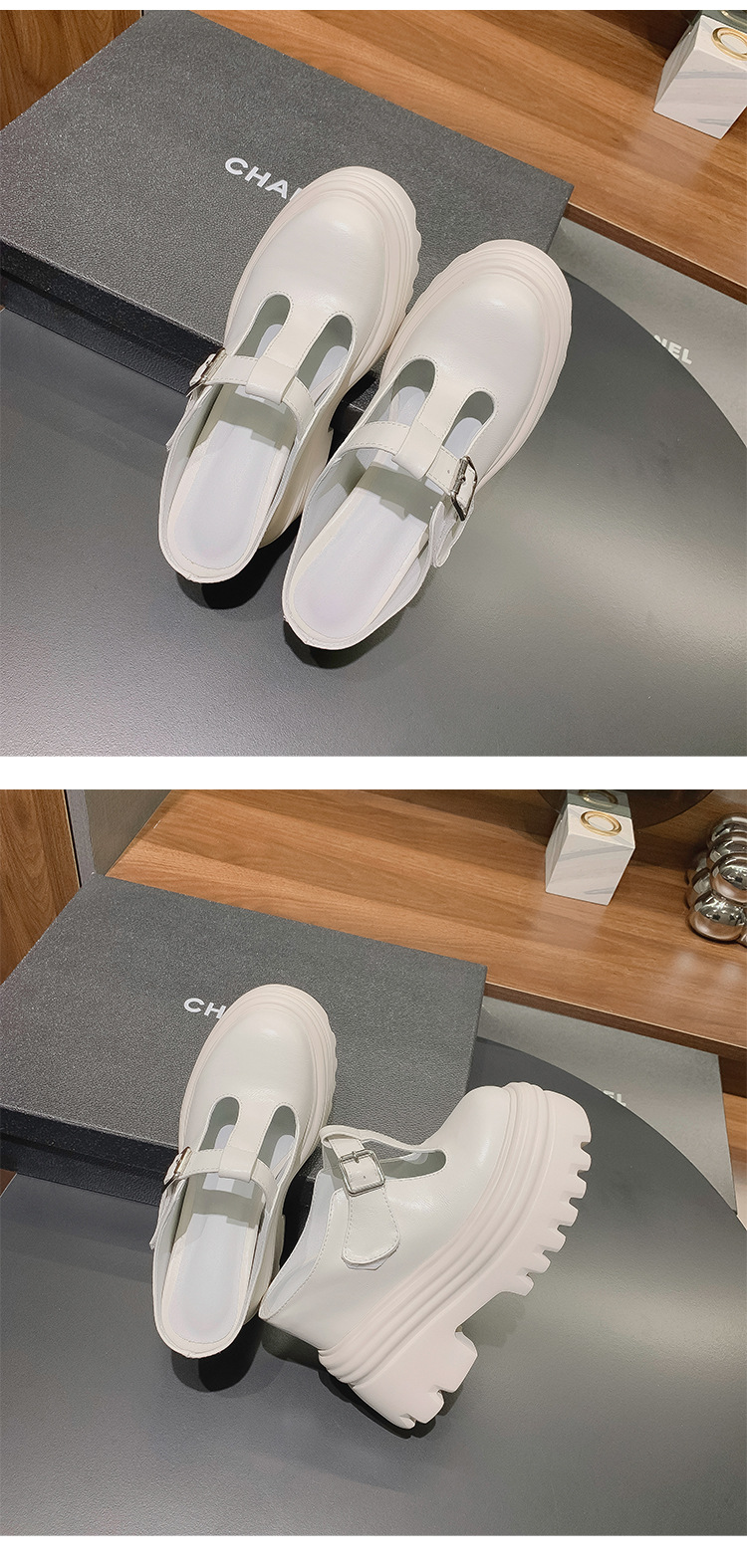 Dép mule nữ bít mũi đế xuồng cao 15cm khóa trang trí mùa hè — Màu trắng be 15cm, Màu trắng be 10cm, Màu trắng gạo 12cm, Màu đen 12cm chi tiết 9