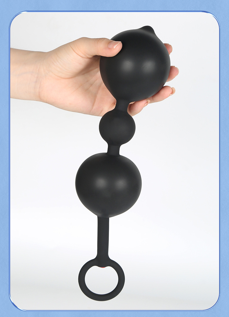 Detachable Inflatable Anal Plug with Steel Balls, Black Silicone, 3-Bead Expander — detail image 28