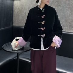 真丝活性丝绒重工钉珠葫芦刺绣精致手工一字扣国风加厚款棉衣秋冬