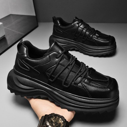 Men's Casual Thick-Heeled Leather-Look Fall Shoes with Thick Heel Increase, Low Top Laced Sporty Trendy Black Shoes