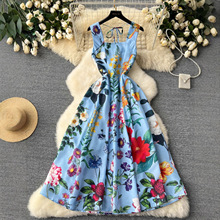 外贸高端名媛小洋装女法式轻奢气质方领无袖收腰设计感印花背心连