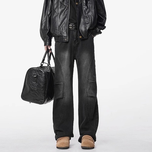 Wrinkled Bended Knife Men's Winter Washed Distressed Relaxed Straight Leg Work Pants for Autumn/Winter American Street Style