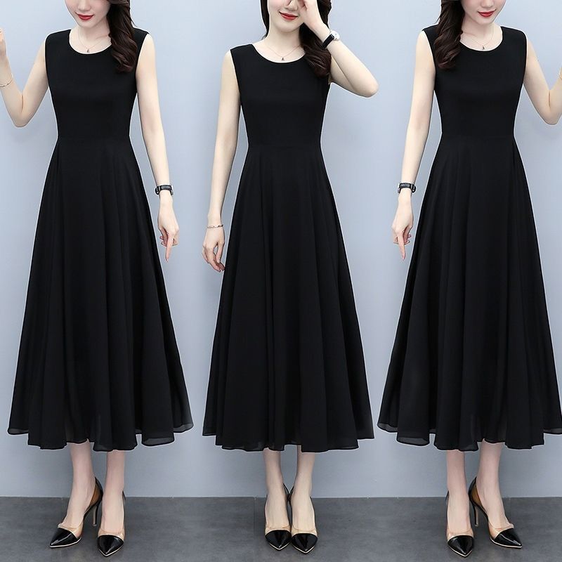2025 New Summer High-End Sleeveless Black Elegant Dress Mother's Dress Fashionable Slimming Look Belly-Covering Long Dress