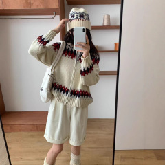 复古文艺费尔岛毛衣外套女减龄少女翻领针织开衫韩版秋冬拉链开衫