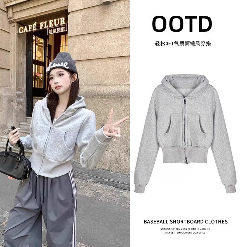 复古感灰色短款棒球服外套女早秋新款小个子宽松气质夹克长袖上衣|undefined