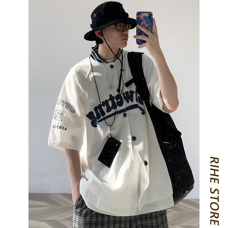 Workwear Shirt Hip-hop t Summer Loose American Baseball Collar ins Couple Trendy Brand Men's and Women's bf Five-point Short-sleeved Top
