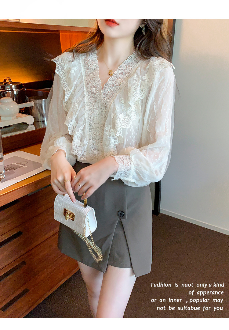 2023春季新款V领荷叶边衬衫女长袖蕾丝衫上衣温柔韩版仙女上衣详情3