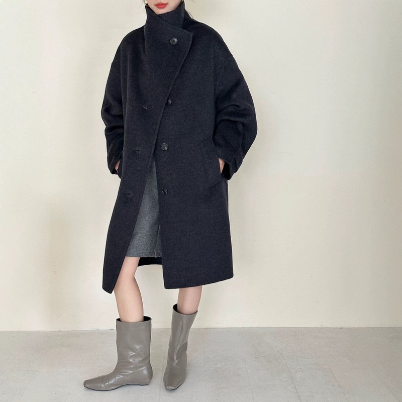 Korean-Style Lapel Double-Breasted Draped Off-Shoulder Long-Sleeve Long Double-Sided Wool Coat Woolen Jacket for Autumn and Winter