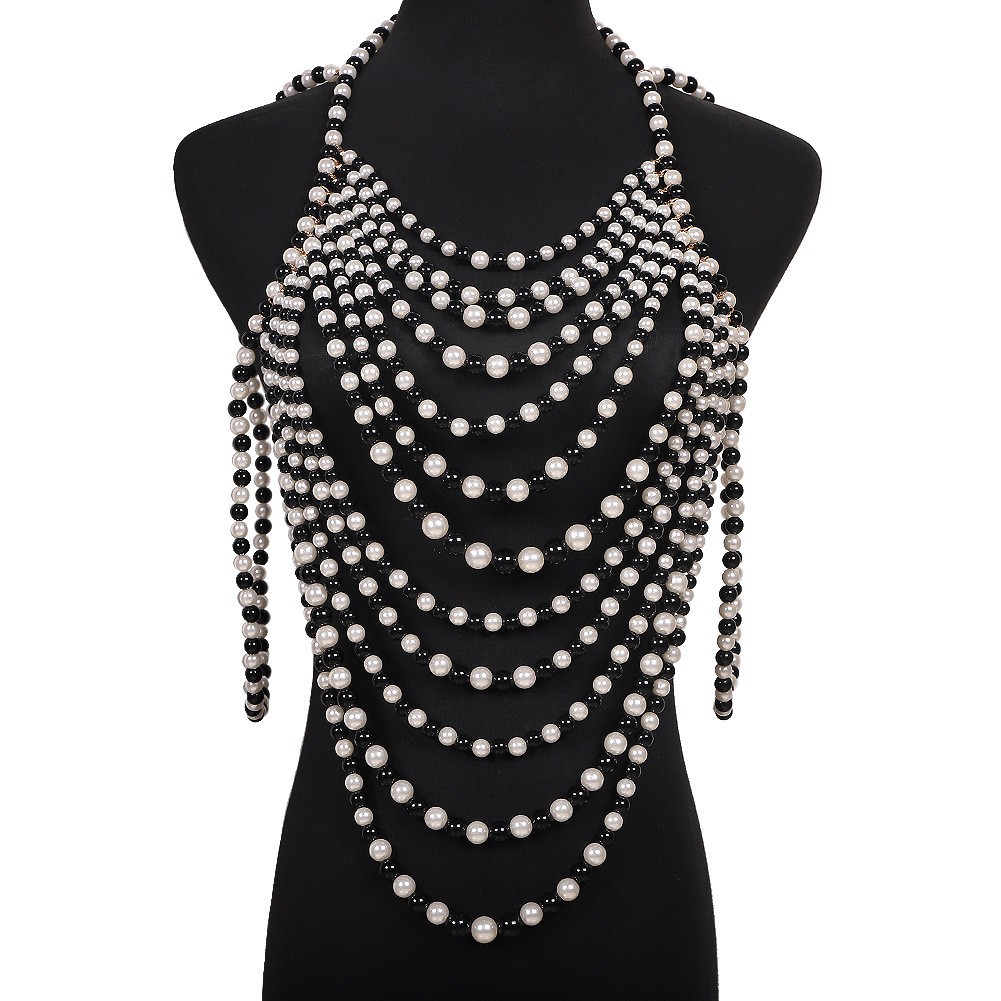 fashion hand-woven pearl necklaces multi-layer bead strings tassel exaggerated clothing chain