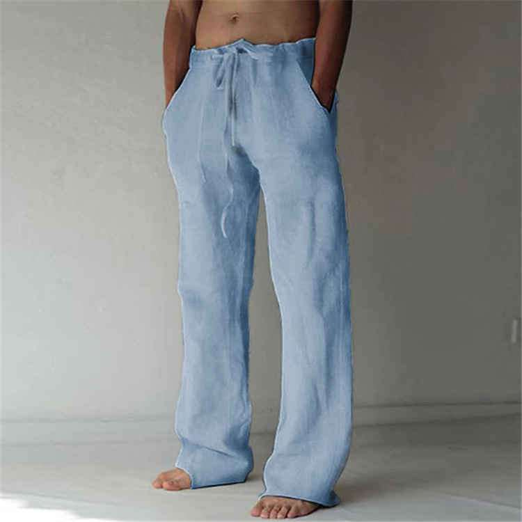 Nuovi pantaloni casual larghi da uomo in lino di cotone elastico con coulisse_voghion.com