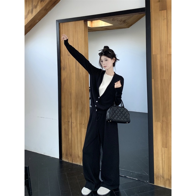 实拍~假两件针织衫女慵懒风开衫毛衣宽松上衣抽绳休闲裤套装88411|undefined