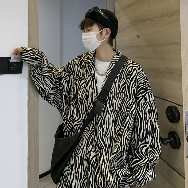 Summer Zebra Pattern Shirt Men's Spring and Autumn Fashionable Top Ins Hong Kong Style Long-sleeved Shirt Men's Japanese Style Ripper Handsome Jacket