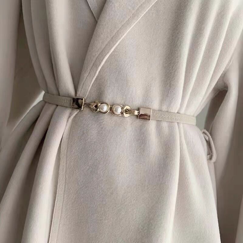 60g Weight Pearl Inlay Material Belt Classification Retro Solid Color Pu Leather Alloy Plating Inlay Pearl Women's Leather Belts