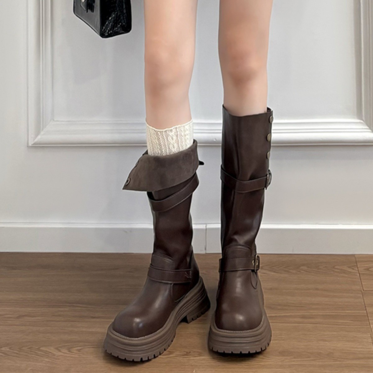 厚底棕色美拉德长筒高筒靴子女夏2025新款秋配裙子西部牛仔骑士靴