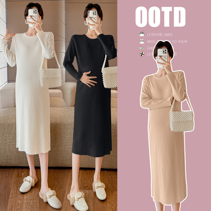 Real in stock 2023 Fall/Winter New Knitted Crewneck Loose Thickened Sweater Base Maternity dress Breastfeeding