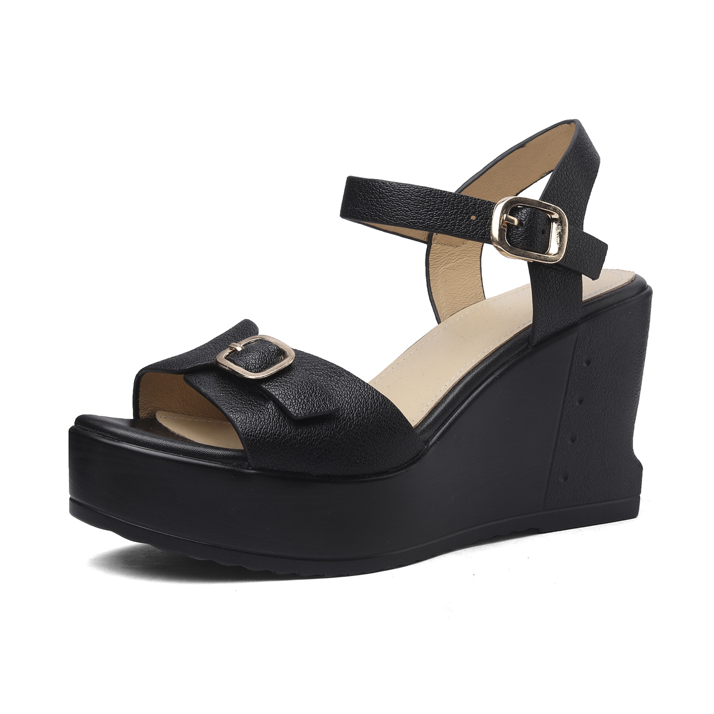 Sandal cao gót nữ mũi hở quai ngang đế xuồng da bò thật — màu nâu, màu đen