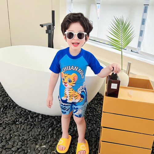 Children's swimsuit, boy's swimsuit, small and medium-sized children's hot spring short-sleeved sunscreen one-piece suit wholesale baby cartoon swimsuit