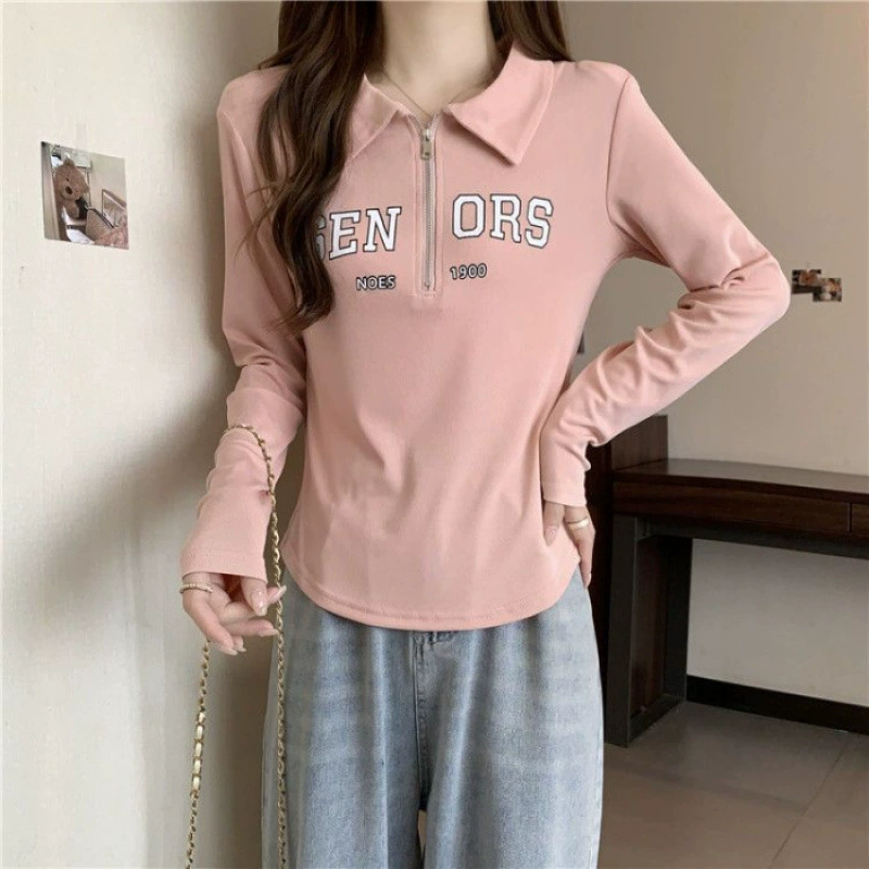 Body-friendly long-sleeve, plus size, polo collar, fitted