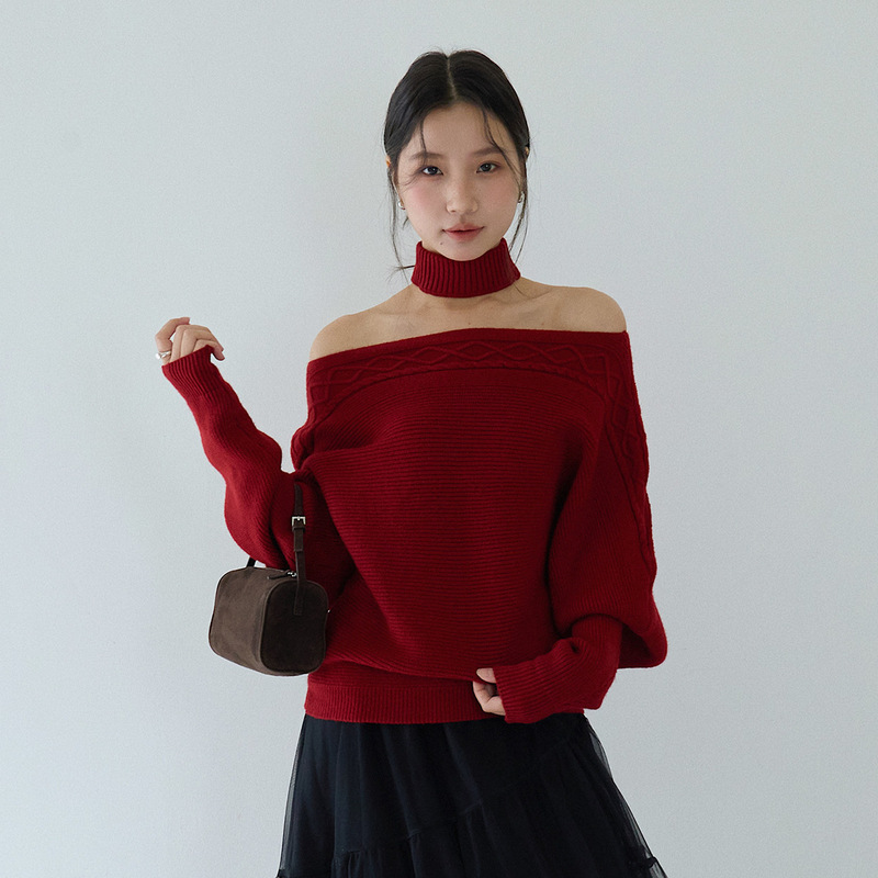 Oufan New Year Outfit: Red Off-Shoulder Batwing Sleeve Sweater for Women + Neck-Wrapping Atmosphere Top 11110