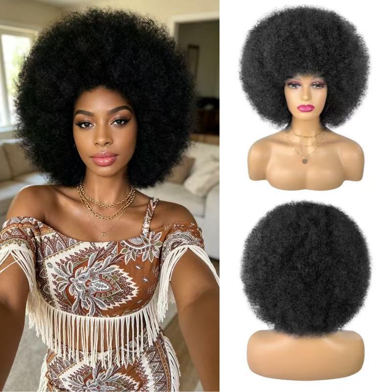 European and American Cross-Border E-Commerce Afro Wig High-Temperature Fiber African Small Curls Fluffy Short Curly Hair Kinkys