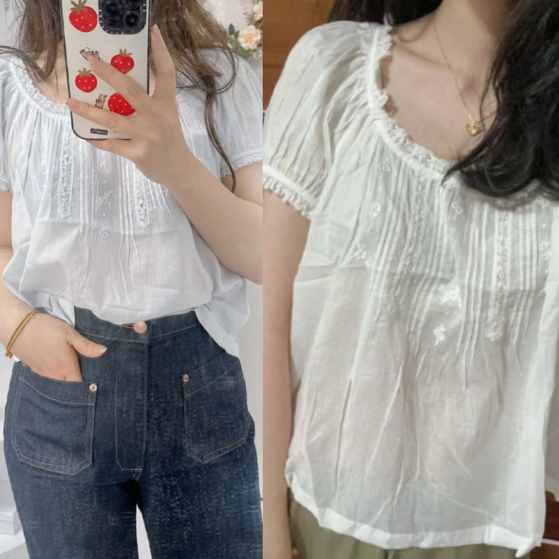 French Niche 2025 Summer Gentle and Romantic Lace Edge Same Color Embroidered Small Flower Large Round Neck Top 25467