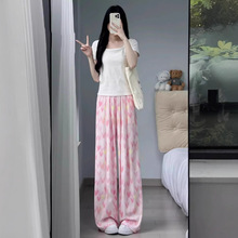 多巴胺粉色爱心冰丝阔腿裤女高腰垂感长裤夏季休闲时尚山本裤女潮