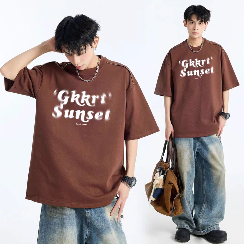 夏用ぼんやりプリント厚手320g半袖Tシャツメンズジッパーデザイン七分袖トップストレンディブランドルーズTシャツ|undefined