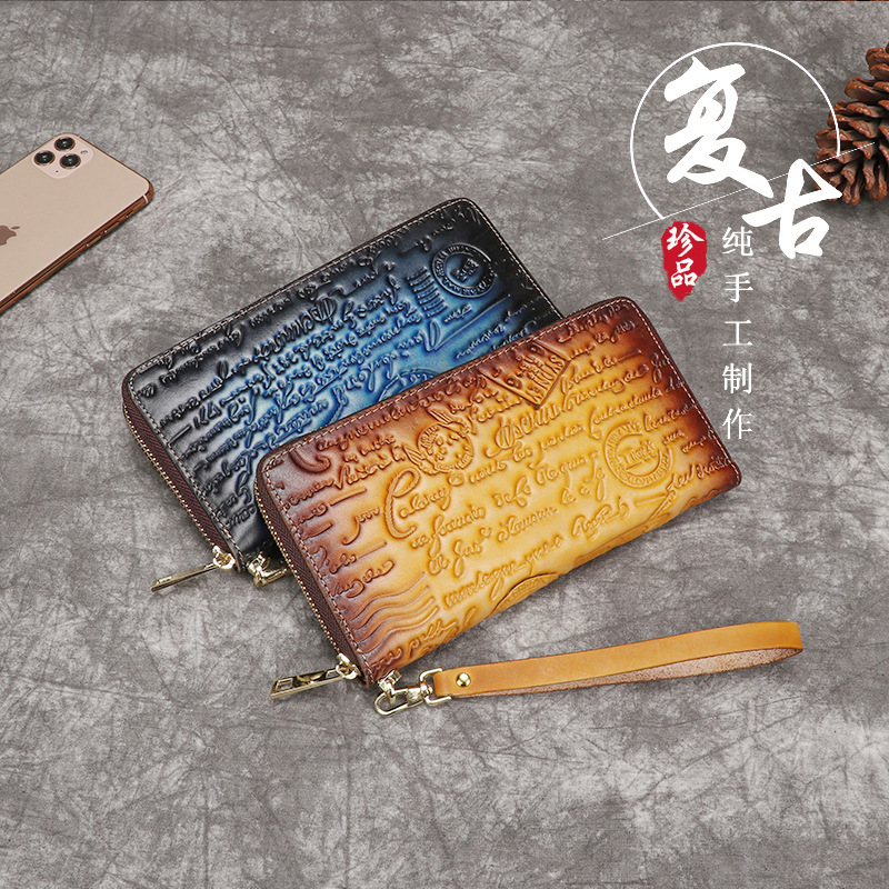 Ví cầm tay nữ da bò dập nổi phong cách retro — Vàng cổ điển, Xanh lam cổ điển chi tiết 2
