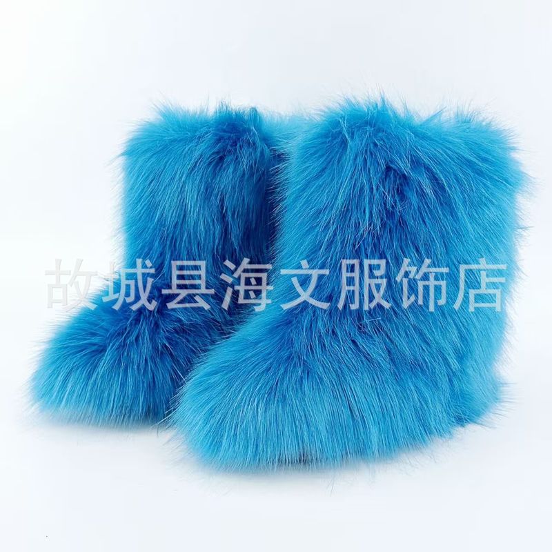 欧美跨境辣妹y2k毛毛靴子女冬季保暖时尚靴中筒靴大码平跟雪地靴|undefined