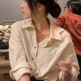 高质量长袖衬衫女春秋季条纹休闲宽松外套防晒慵懒风上衣跨境批发