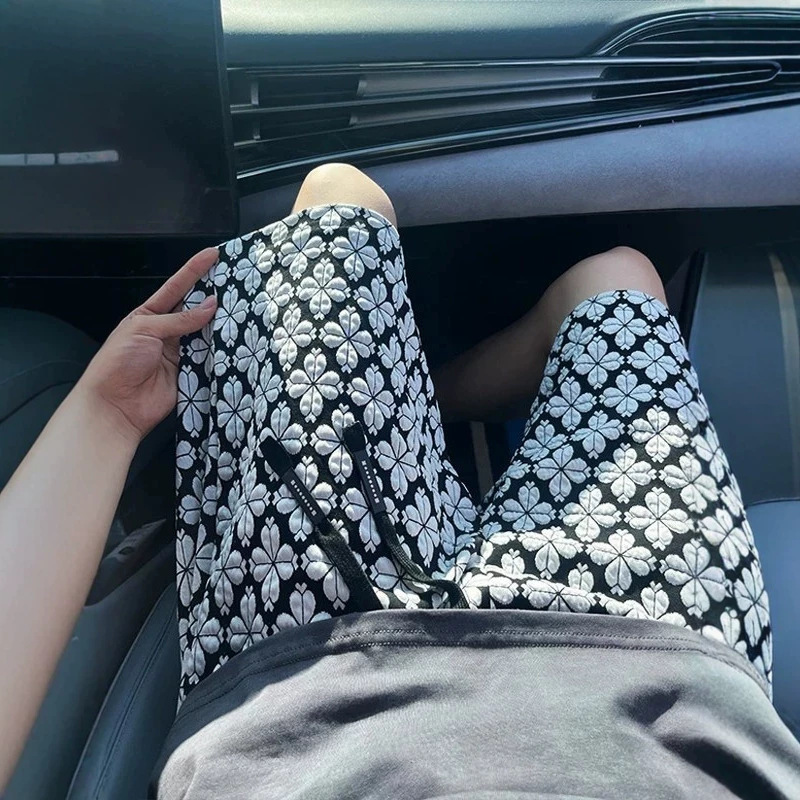 Houndstooth Floral Print High-Waist Straight Leg Pants Summer Thin Style Casual Beach Shorts For Men And Women Trendy Streetwear Five Pockets_voghion.com