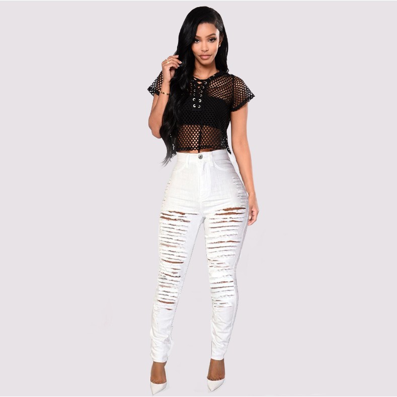 El comercio exterior de AliExpress deseo Amazon Europea y Americana personalizada rasgado Delgado elástico cintura alta Denim pantalones flacos image 7