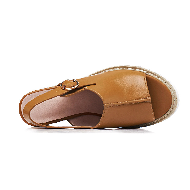 Sandal cao gót nữ hở mũi đế xuồng đan rơm phong cách châu Âu — Nâu vàng chi tiết 6