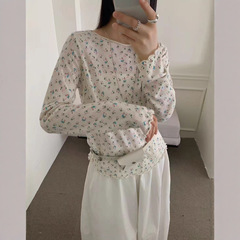 细羊毛针织木耳边长袖T恤女上衣秋冬季新款小众印花打底针织毛衣