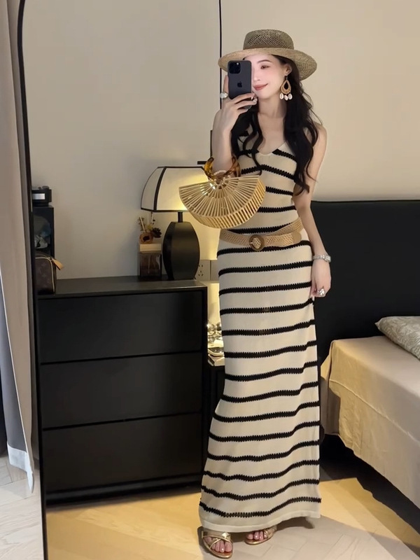 ニッチで美しいスカート、シックで美しいお姉さんサスペンダーニットドレス、夏に超美しい海辺の休暇スカート|undefined