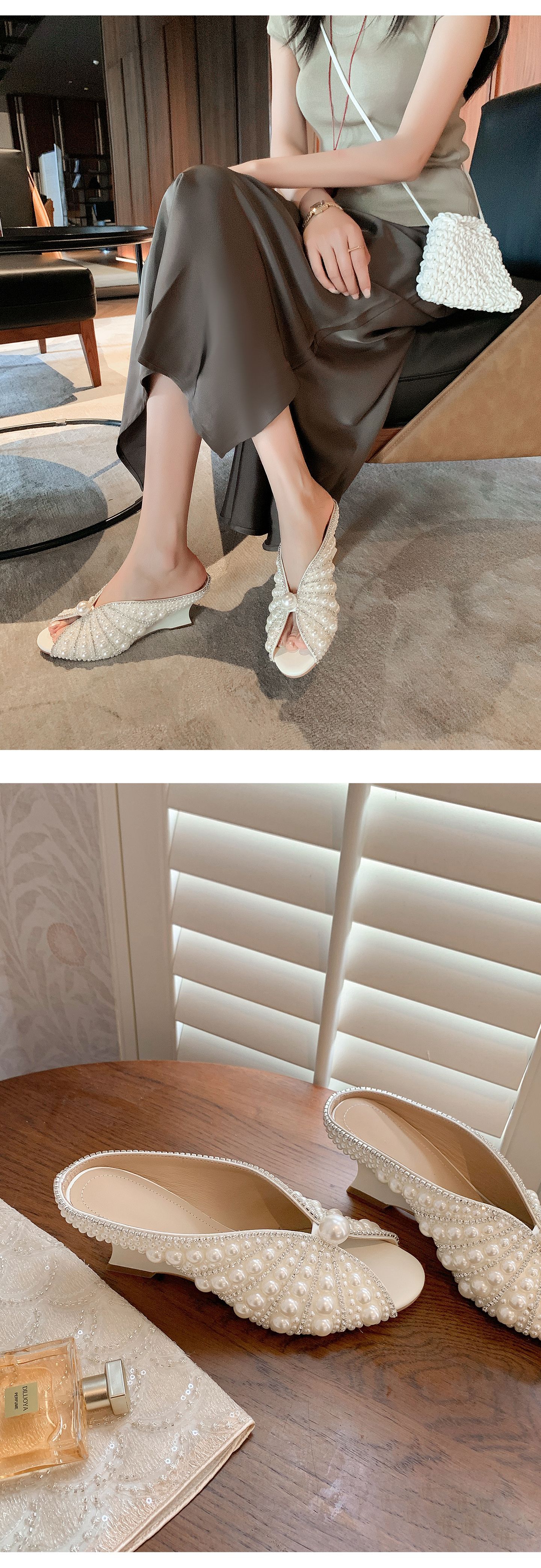 Sandal cao gót nữ mũi peep-toe đính ngọc trai, gót xuồng platform, phù hợp tiệc tùng — màu đen, màu trắng chi tiết 19