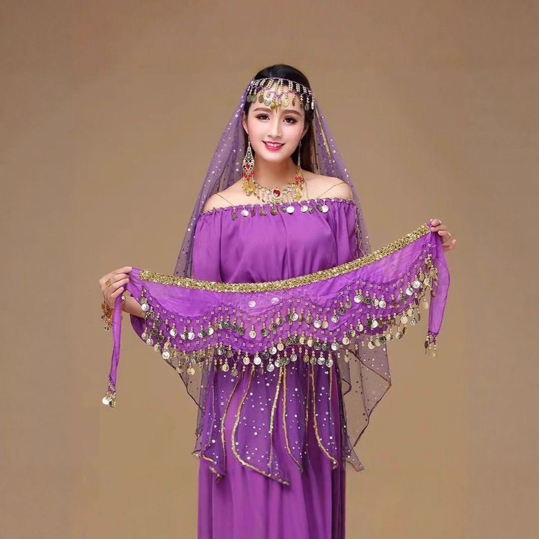 New Belly Dance Gold Edge 128 Coin Waist Chain Beginner Practice Belt Oriental Dance Indian Waist Scarf Stage Hip Scarf